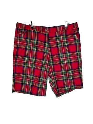 Royal & Awesome 全新无标签短裤男式 42 格子红色斯图尔特格纹 Polo 高尔夫 — 第 1/4 张图片