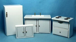 Dollhouse Miniature Complete Wood White Kitchen Set with Wall Cabinet D3777 - Picture 1 of 1