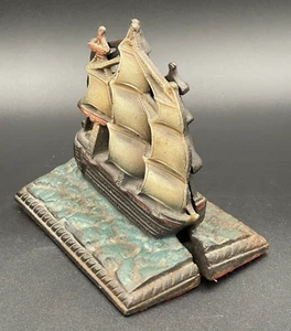 Vintage Gusseisen quadratisches Rig "Sieg" Galeonen Schiff Buchstützen mit Makers Mark - schwer - Bild 1 von 11