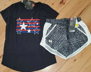 Under Armour Freedom stars stripes top & shorts NWT girl M YMD patriotic july 4 - Picture 1 of 2