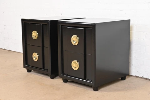 Karpen of California Mid-Century Modern Black Lacquered Nightstands, Refinished Cover