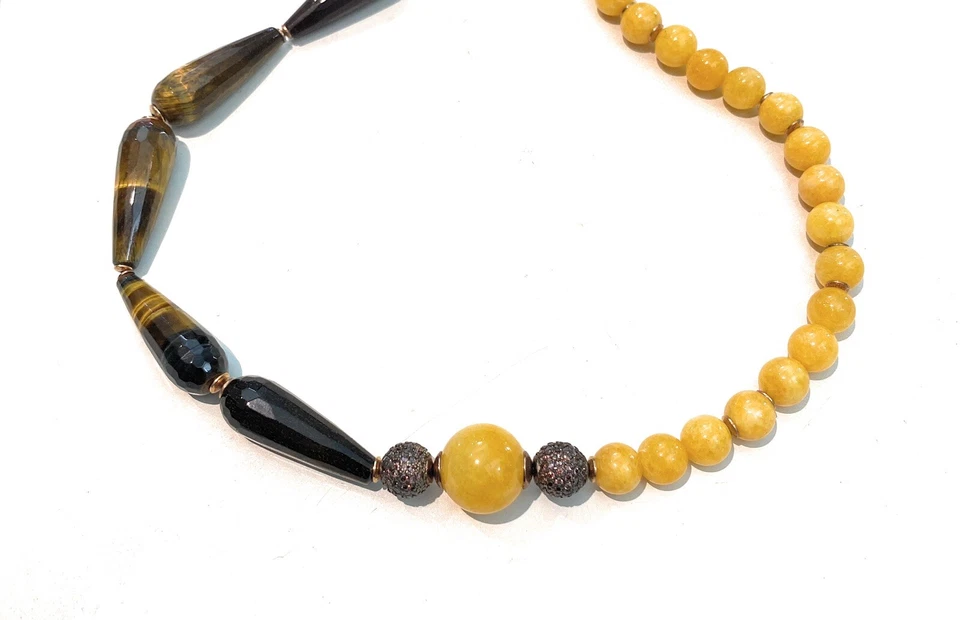 Collana Lunga Giada Gialla Occhio di Gatto Marrone/Giallo Argento Sterling - Immagine 1 di 4