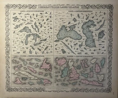 1870 Colton's Lakes & Islands of The World Original Hand Coloured Antique Chart Foto 1 de 3