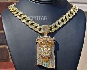ICY ICED GOLD PLATED ALLOY CUBIC ZIRCONIA JESUS HEAD PENDANT & CHAIN HIP HOP SET - Picture 1 of 9