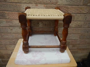 VINTAGE WOODEN WOVEN FOOTSTOOL PLANTSTAND ,WICKER , SOLID LEGS  - Picture 1 of 9