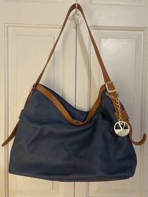 Valentina Genuine Leather Shoulder Bag – Made in Italy – Navy Blue & Tan - Image 1 of 4