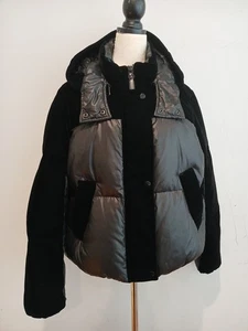 Andrew Marc Velvet Panel Vega Puffer Short Jacket Coat Black  L Hooded **Tear** - Picture 1 of 12