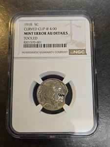 1918 P Buffalo Nickel 5C Coin NGC AU Details Curved Clip 4:00 RARE Mint Error - Picture 1 of 4