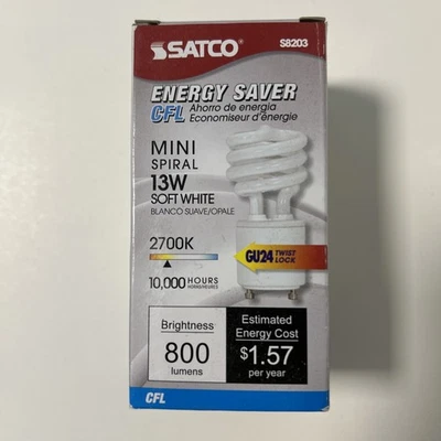 Satco S8203 13W Bi Pin GU24 Base Mini Spiral CFL Light Bulb - Soft White - Image 1 of 3
