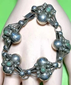 17g ANTIQUE Mexico Sterling Silver TURQUOISE Sculpted Orb Pods Bracelet 6.75” - Picture 1 of 5