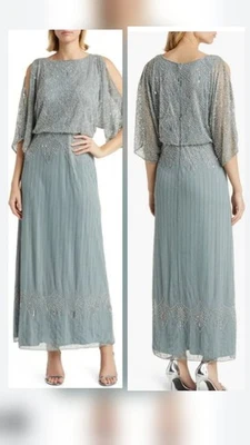 Pisarro Nights Beaded Blouson Split Sleeve Gown Sage Green Maxi Dress Sz 10 - Image 1 of 4