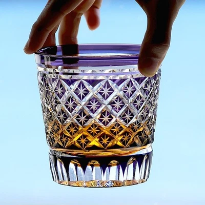 Handmade Crystal Whiskey Glasses Tumbler Edo Kiriko Vodka Wine Amber Purple 9oz - Image 1 of 4