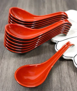 Contemporary Red Black Melamine Asian Soup Spoons With Ladle Hook Pack Of 12 Set - Picture 1 of 9