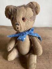 Sweet Old Worn Tattered Teddy Bear Toy AAFA Antique Blue Calico Bow