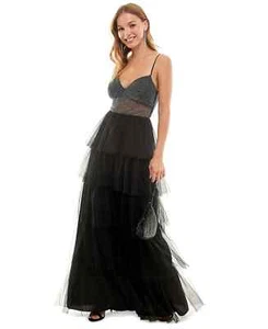 City Studios Juniors Black Lace-Up-Back Tiered Gown Dress - 3 - Black - Picture 1 of 6