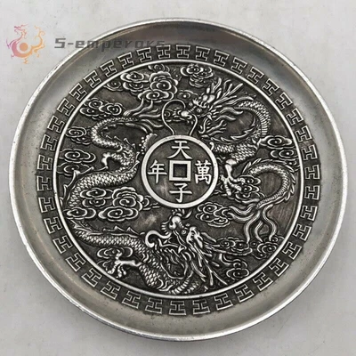 Exquisito Tíbet Chino Plata Tallado a Mano Doble Dragón Plato Decoración Foto 1 de 4