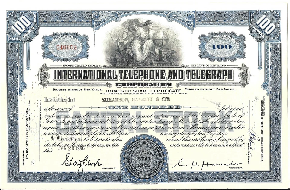 Certificado de stock International Telephone & Telegraph Corp. años 50. Foto 1 de 1