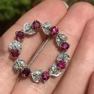 2.20Ct Round Cut Lab Created Red Ruby Brooch Pin 14K White Gold Plated Silver - Picture 1 of 8