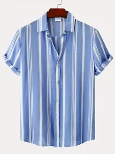 Fashion Button Up Stripe Pattern Men Casual Shirt Short Sleeve Lapel Shirt - Picture 1 of 3