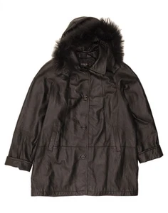 STUDIO 81 Womens Hooded Leather Coat IT 46 Large Black Leather AW01 - Picture 1 of 3