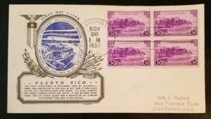 1937 PUERTO RICO #801 FDC - RICHARD BUCHWALD COLOR CACHET & 4 BLOCK - Picture 1 of 2