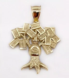 10K Yellow Gold Diamond Cut $100 Lucky Money Bag Tree Dollar Pendant 3.8 Gr Mens - Picture 1 of 9