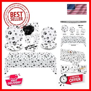 121 Pieces Black Paw Print Party Supplies Dog Birthday Tablecloth, Plates, Na... - Picture 1 of 8