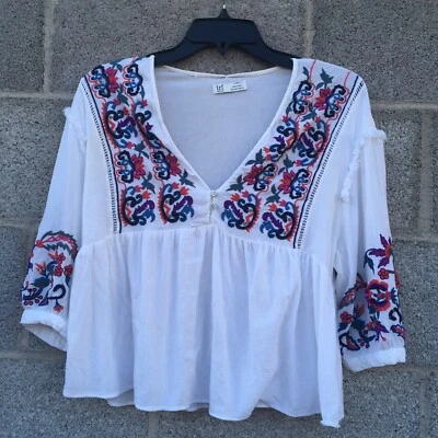 Top Babydoll Colección Zara TRF Bohemio Blanco Gauzy Bordado Talla Pequeña Y2K Foto 1 de 4