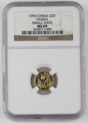 China 1993 5 Yuan 1/20 Troy Oz 999 Gold Panda Coin NGC MS69 GEM BU+ Small Date - Image 1 of 4