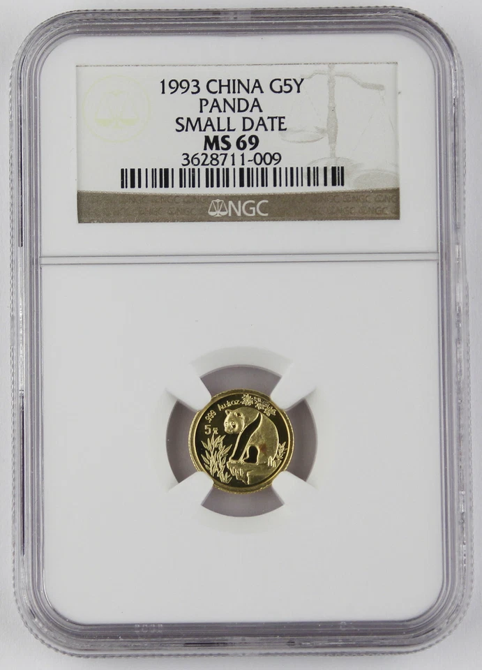 China 1993 5 Yuan 1/20 Troy Oz 999 Gold Panda Coin NGC MS69 GEM BU+ Small Date - Image 1 of 4