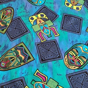 Shamash & Sons Cotton Fabric African Mask Kwanzaa Tiki on Blue 44"W x 2⅔ Yds - Picture 1 of 6