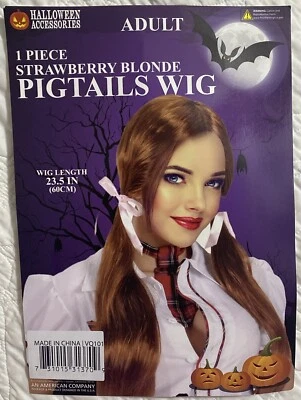 Peluca de coletas rubia fresa/roja para adultos cintas rosas, longitud del disfraz 23,5" Foto 1 de 2