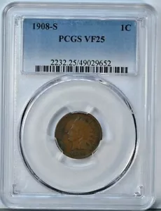 1908 S INDIAN HEAD Cent PCGS Graded VF25 Very Fine 25 Attractive Coin 2232 - Picture 1 of 2