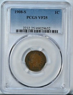 1908 S INDIAN HEAD Cent PCGS Graded VF25 Very Fine 25 Attractive Coin 2232 - Image 1 of 2