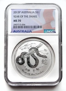 2013 NGC MS70 Australia 1 Oz Silver ~ Lunar Year of the Snake $1 Bullion Coin - Picture 1 of 4