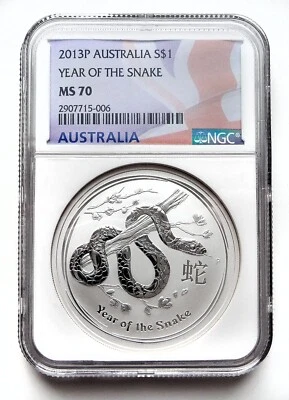 2013 NGC MS70 Australia 1 Oz Silver ~ Lunar Year of the Snake $1 Bullion Coin - Image 1 of 4