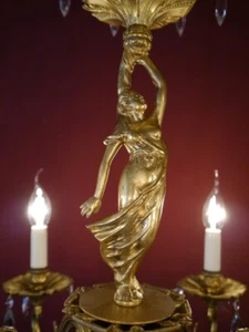 ANTIQUE CHANDELIER 6 LAMP RARE FEMALE FIGURE HEAVY CRYSTAL BRASS - Picture 1 of 11