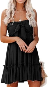 Women's Summer Cotton Boho Beach Sleeveless Tie Front Mini Dress Tube Top Dress - Picture 1 of 6