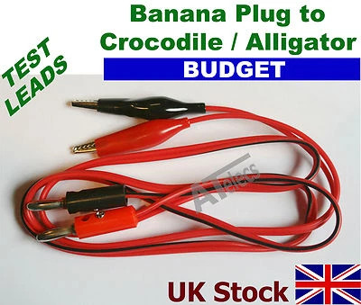 Budget Test Leads 4mm Banana Plug to Crocodile Alligator Clip 1m - UK Stock