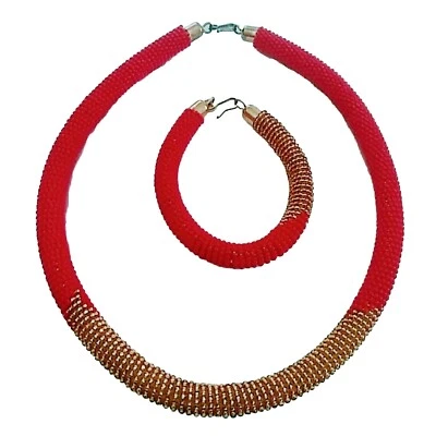 Nuevo Masai Kenia Joyería Africana Cuerda Cuentas Conjunto Collar-Pulsera en Oro Rojo Foto 1 de 4