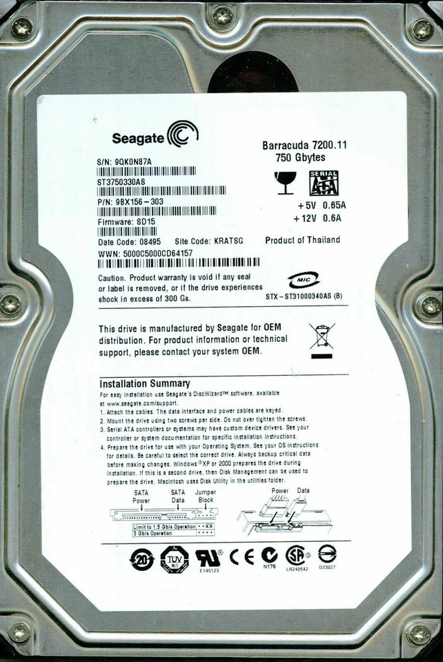 st3750330as Seagate Barracuda 7200.11 750GB Internal 7200 RPM 3.5" SATA HDD - Image 1 of 1