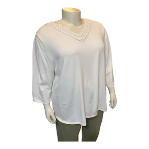 NEW Maggie Barnes White Ribbon V-Neck 3/4 Sleeve Knit Tunic Top Women's 3X 26/28 - Picture 1 of 7