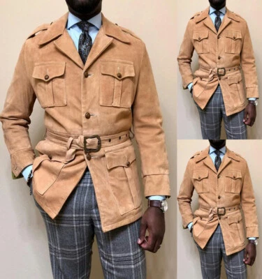 Chaqueta de safari de gamuza para hombre con cinturón cuatro bolsillos moda abrigo de caza al aire libre Foto 1 de 4