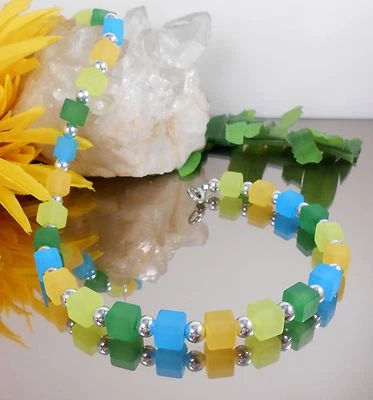 TRENDY Würfel Kette in Matt Türkis Gelb Lemon Grün + Silber Perlen - Bild 1 von 4