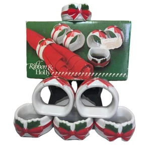 Vintage Ribbon & Holly Porcelain Napkin Rings Christmas Holiday Set 6 Japan 80s - Picture 1 of 5