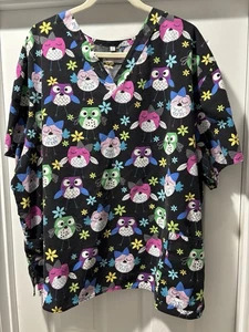 White Cross Medical Scrub Top Black With Colorful Owls Size 4X - Picture 1 of 9