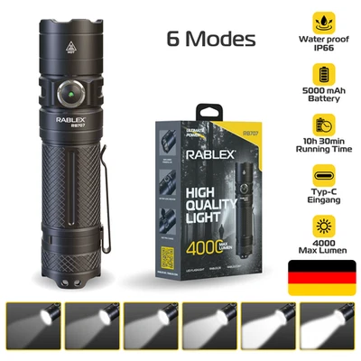 LED Taschenlampe Wiederaufladbar RABLEX 4000Lm Superhelle Wasserfest 6 Modi - Bild 1 von 4