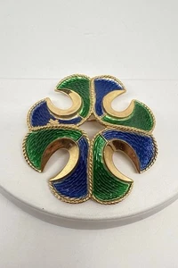 Vtg Crown Trifari Brooch Blue Green Enamel Maltese Cross Gold Tone As Is - Picture 1 of 6