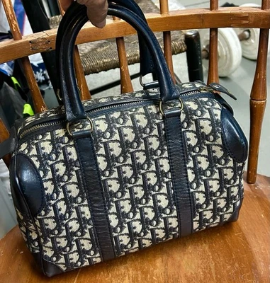 Vintage Dior Bag Navy Blue Oblique Trotter Boston Doctor Satchel CLEAN Monogram - Image 1 of 4