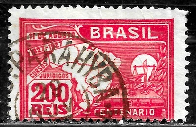 HICK GIRL- USED BRAZIL STAMP   SC#289  1927  SCALES OF JUSTICE & MAP   L457 - Image 1 of 2